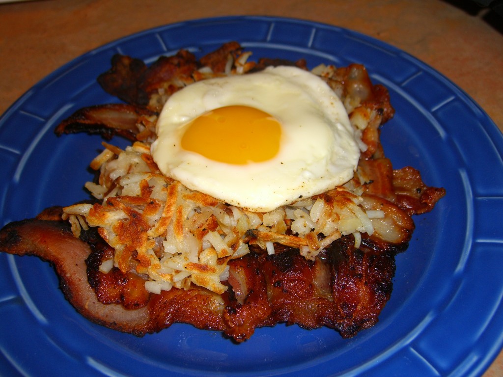 Large bacon weave, hash brown and egg stack